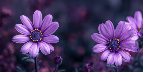 Wall Mural - close up di  di fiore viola vibrante  che si staglia su un rigoglioso sfondo viola, creando un contrasto visivamente sorprendente, spazio per testo, formato rettangolare