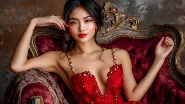 A glamorous woman in a sequined red gown reclines on an antique velvet sofa, exuding luxury and sophistication.
