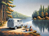 Fototapeta  - Vintage Van Parked by a Serene Lake with Trees