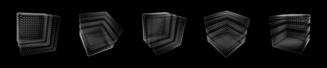 Poster - Set of Cyberpunk Technology 3D Cubes. Futuristic HUD Design Objects. Computer Server Algorithm Array Concept. Cyber Game Design Elements Vector Illustrator. Particles Cubes.