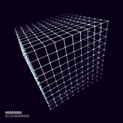 Aufkleber - Glitched Cyberpunk 3D Cube. 3D Perspective Grid Geometry for Retrowave Vaporwave Synthwave Style Graphic Design. Old Cyberpunk 80s-90s Aesthetic Virtual Reality Concept. Vector Illustration.
