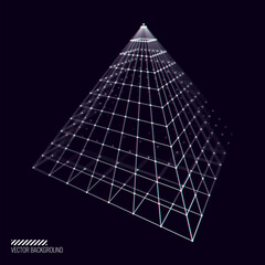 Glitched Cyberpunk 3D Pyramid Shape. 3D Grid Geometry for Retrowave Vaporwave Synthwave Style Graphic Design. Old Cyberpunk 80s-90s Aesthetic Virtual Reality Concept. Vector Illustration.