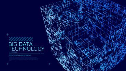 Fototapete - Big Data Storage Technology. Abstract Data Cube Background. Modern Technology Banner. Information Server. Data Science Computer Science Algorithms Vector Illustration.