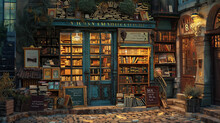A Quaint Little Bookstore Tucked Away On A Cobblestone Street, Its Windows Filled With Stacks Of Books And A Charming Sign Inviting Passersby To Come In And Explore Its Treasures.