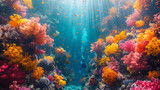 A stunning display of a coral reef bustling with fish and marine life, illuminated by natural sunlight