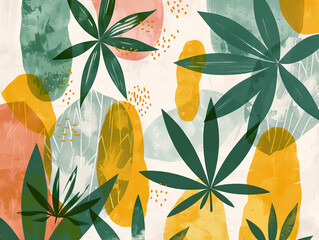 This image combines cannabis leaves with abstract tropical shapes and dots in warm tones