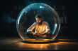 Man Sitting in Glass Ball on Wooden Floor