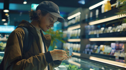 An individual in casual attire carefully looks at cannabis products in a shop with wooden shelves and ambient lighting