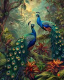 Fototapeta Natura - Peacocks display their jewel toned trails in a lush garden the iridescence catching the suns rays a spectacle of color
