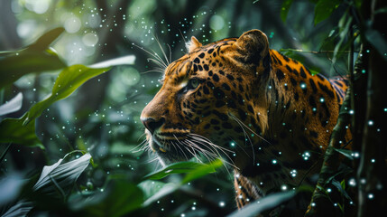 Wall Mural - A tiger is standing in a lush green jungle. The tiger is looking at the camera with a curious expression. The jungle is filled with trees and plants, creating a serene and peaceful atmosphere