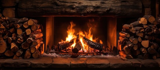 Wall Mural - Burning wood logs in a fireplace at a mountain eatery