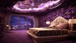 a purple bedroom where the furniture seamlessly integrates the tranquil fluidity of ocean waves 