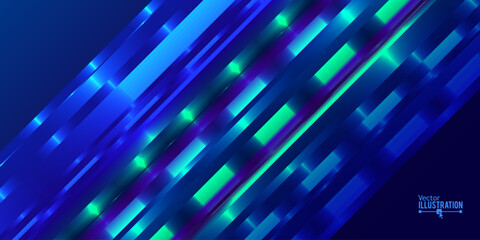Poster - Abstract Futuristic Background with Blue Glowing Light Effects. Diagonal Speed Color Lines Vector Illustration. Fast Motion Glow Effect.
