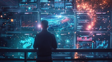 Fototapete - A professional stands before multiple screens displaying advanced data analytics and futuristic visualizations.