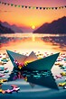 Colorful paper boat on calm water surface surrounded by papier mache leaves and colorful triangular pennant banners.. Sunset, calm summer evening, tiny nautical vessel.