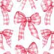 Seamless pattern of watercolor pink gingham bows. Hand-painted textile design perfect for fabric, wrapping paper, and girlish stationery
