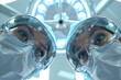 First person view of a dental patient and two doctors wearing medical masks and goggles looking directly into the camera. Healthcare concept. Appointment with the dentist. Copy space. Banner.