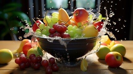 Wall Mural - Fruit salad in a bowl with splashes of water on a dark background