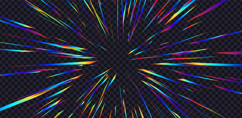 Fototapete - Abstract Rainbow Halo Rays on Transparent Background. Starburst or Sunburst with Rainbow Colors. Anime Burst Light Rays. Holographic Lens Flare Reflections Design Element. Vector Illustration.
