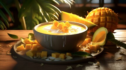 Wall Mural - Tasty yogurt with fresh mango slices in a bowl on the table, closeup