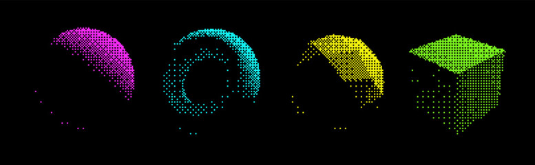 Poster - Abstract Graphic Design 3D Forms Elements. Trendy Shapes Sphere, Torus, Cube with Bitmap Raster Dithering Effect. Y2K Geometric Shapes. Brutalist Design. Vector Dither Gradient Effect.