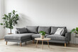 Modern Minimalist Living Room Interior Design in White Grey Color Sofa Home Decor Pillows Plants (Empty White  Background)