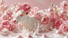 A White Cow With Pink Flowers On It's Head In A Field Of Pink And White Flowers On A Pink Background.