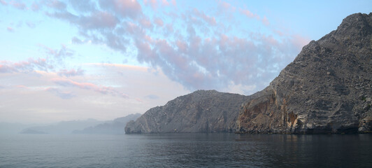 Poster - Sea tropical landscape with mountains and fjords, Oman. Vacation recreation holiday travel adventure concept.