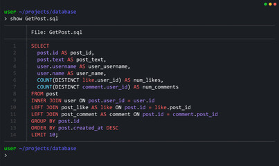 Fototapete - SQL Query Select Posts from Database. Relational Database SQL (Structured Query Language) Code. Example of SQL Code to Query Data from a Server. Vector Background.