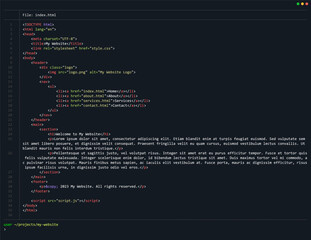 Fototapete - Simple Website HTML Code with Colorful Tags in Code Editor on Dark Background. Vector Illustration. Software Web Developer Programming Education Concept Background.