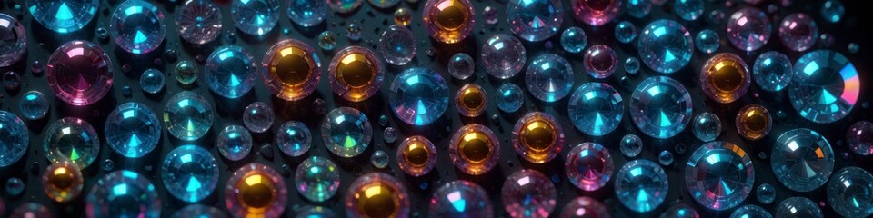 Wall Mural - Abstract illustration glass bubbles balloons in holographic  turquoise golden colors on dark background, background for social media banner design, website, space for text.