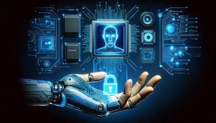 Poster - cyborg hands with digital padlock on digital microcircuits background to secure data. Cyber security