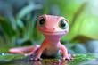 A cute little orange lizard is smiling at the camera. The lizard is small and has a bright orange color. 3d cute cartoon little gecko