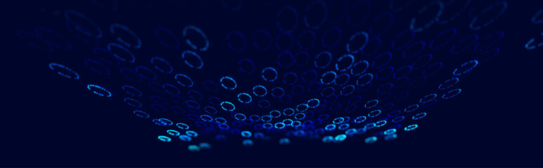 Leinwandbilder - Abstract Technology Futuristic Digital Concept Pattern with Lighting Glowing Circles on Dark Blue Background. High Tech or Science Research Presentation Backdrop. Vector Illustration.