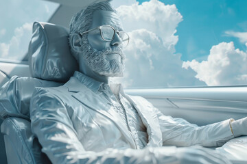 Wall Mural - Sculpture of an ancient Greek god in a business fashionable suit and glasses sitting in a business class car.