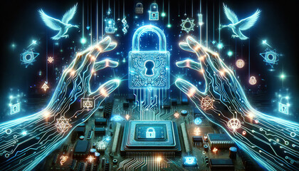 Poster - human hands using digital padlock on digital microcircuits background to secure data. Cyber security