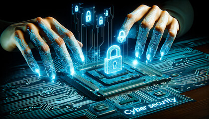 Poster - human hands using digital padlock on digital microcircuits background to secure data. Cyber security