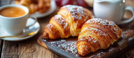 Fresh baked croissants. Delicious french breakfast. Pastry food. 