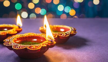 Wall Mural - happy diwali clay diya lamps lit during dipavali hindu festival of lights celebration colorful traditional oil lamp diya on purple background