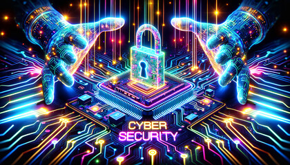 Poster - human hands using digital padlock on digital microcircuits background to secure data. Cyber security