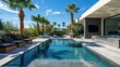 A modern lap pool with a sleek design and clear waters, set against a backdrop of tall palm trees and a contemporary outdoor seating area. 
