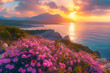 Beautiful spring scenery of Sardinia, Italy with a fantastic sunrise on Del Sinis Peninsula. A colorful and vibrant seascape of the Mediterranean Sea.