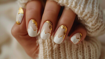 Nail art, Hand with white nails and gold foil accents. Elegant nail art design for luxury fashion and beauty concept