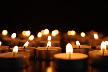 Burning candles on dark surface against black background, closeup