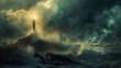 The dramatic image displays a tempestuous sea with rays of light escaping through clouds to illuminate a solitary lighthouse