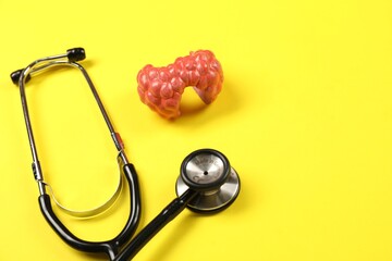 Endocrinology. Stethoscope and model of thyroid gland on yellow background, closeup. Space for text