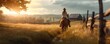 woman quick riding horse in evening landscape