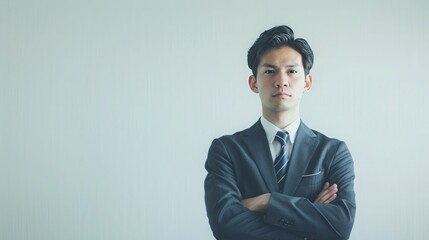 Poster - Japanese male model in suit with folded arms, upper body, full body shot, handsome, simple background, white background