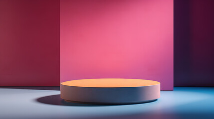 Sticker - Pedestal in colorful room with shadows on the wall. Rich colored podium scene for product display.