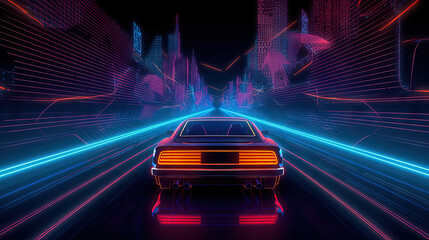 Poster - Car ride on the neon road in 80s retro synthwave style.